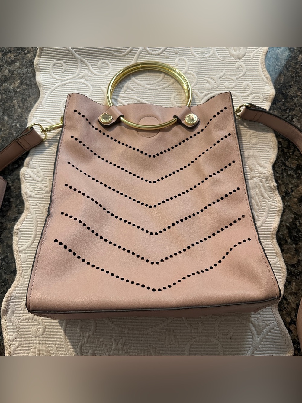 Steven Madden Pale Pink Perforated Tote Gold Ring Handles and shoulder strap
